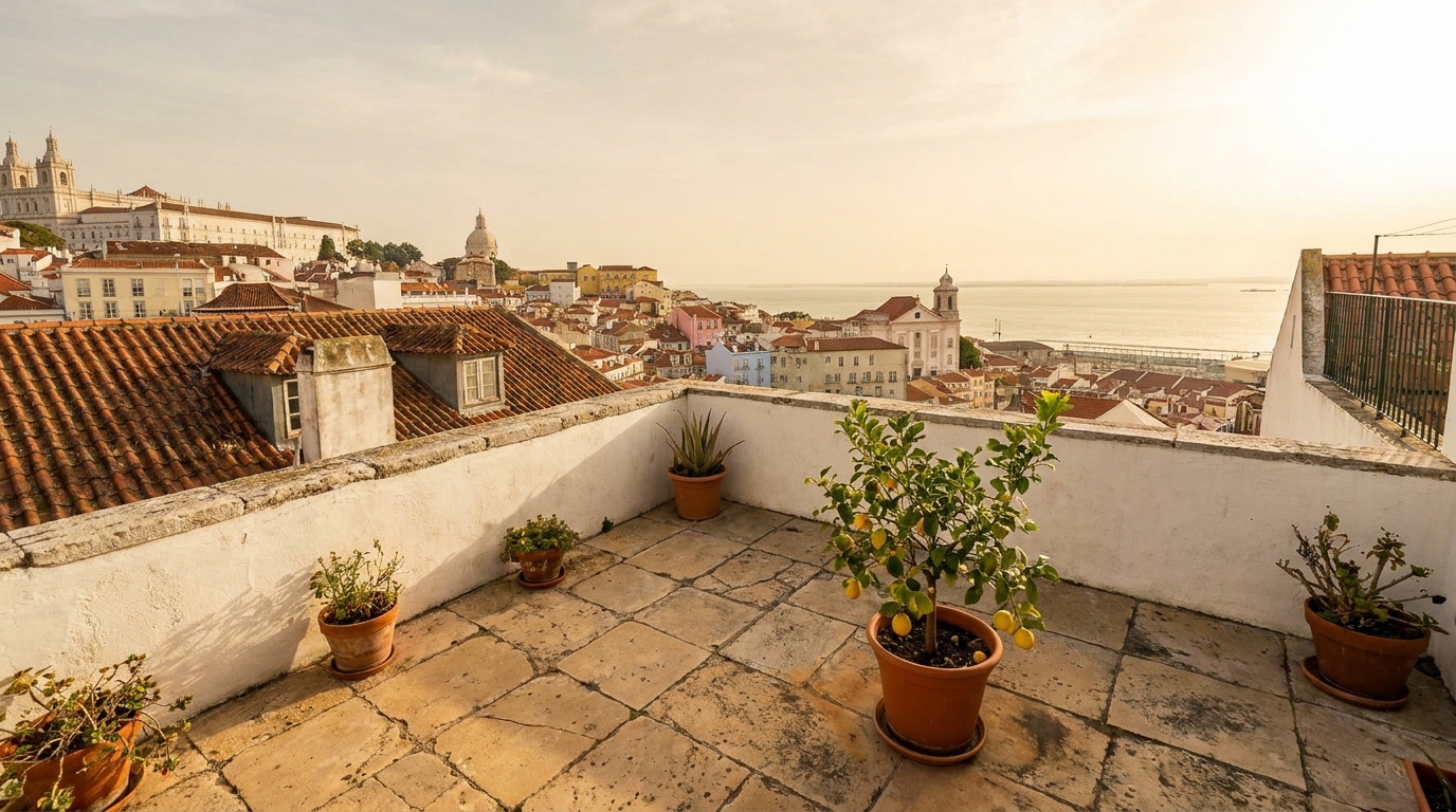 An Alfama rooftop terrace at golden hour with a lemon tree, terracotta roofs and the river beyond.